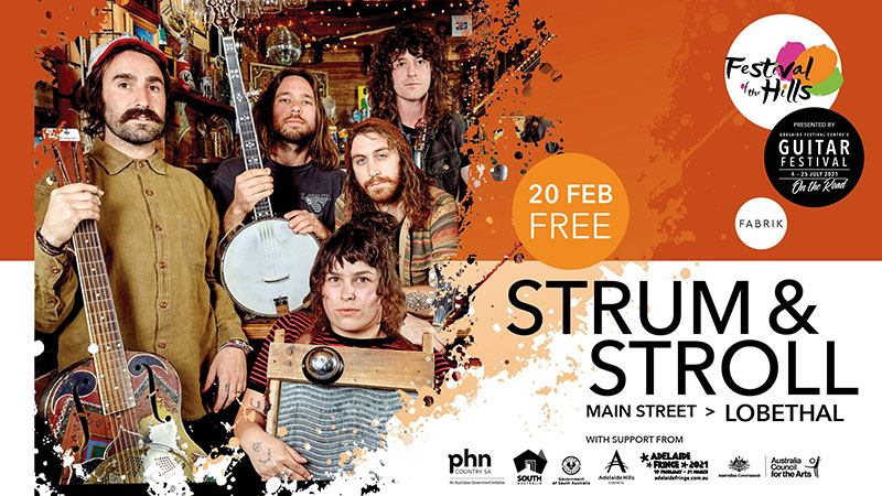 Strum & stroll. Image shows a band posing with instruments.