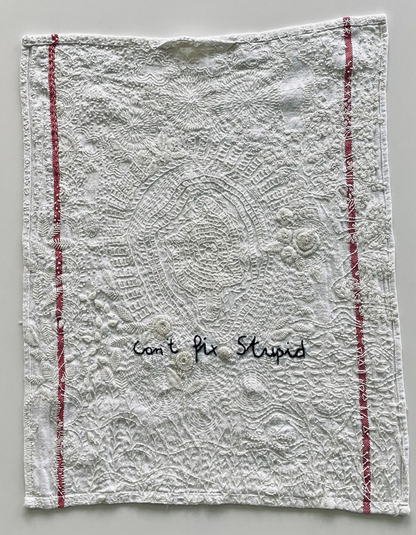 Close up of an embroidered tea towel. The words "can't fix stupid" are stitched onto it.