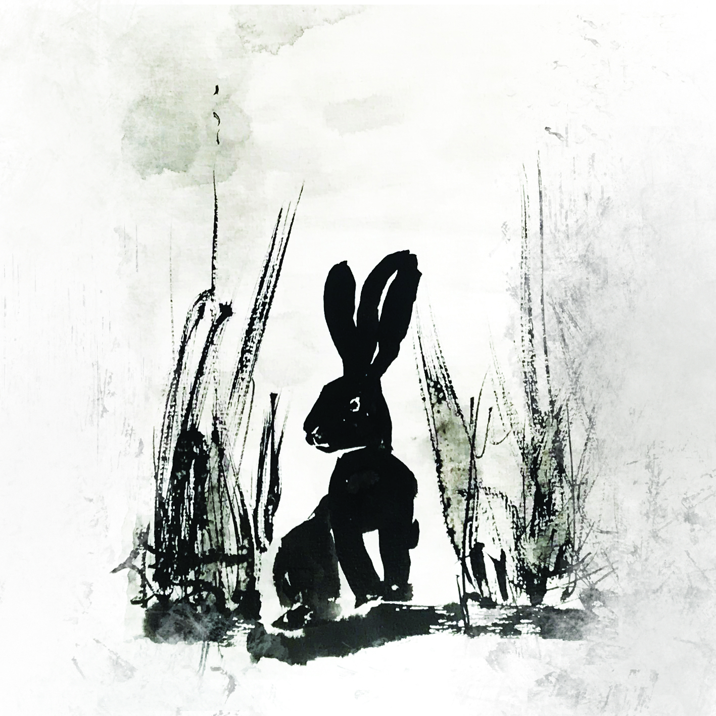 Image shows a charcoal drawing of a bunny sitting amongst foilage.