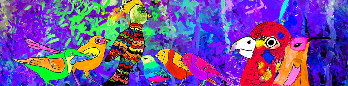 Image shows colourful illustrations of birds against a purple and green background.