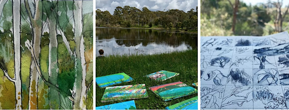Image shows three seperate images. first is a painting of green trees. Second is a photo of paintings lying in grass next to water. The third is a close up of nature sketches.